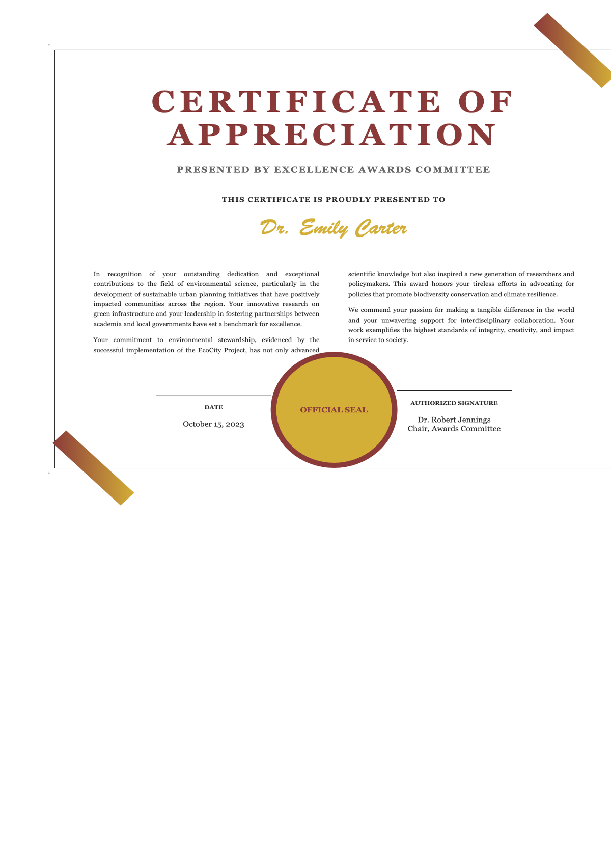 Elegant certificate of appreciation with gold and burgundy accents 2023 award seal_variant_2